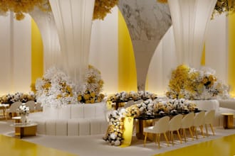 design, decorate 3d wedding hall, render wedding hall, showroom, conference hall
