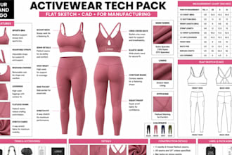 activewear tech pack gym wear leggings sports bra cad for manufacturing