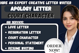 write court character letter, resignation, apology, love letter, business letter