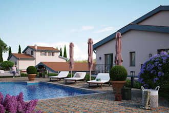 create 3d render for landscape design, backyard, garden, patio, outdoor kitchen