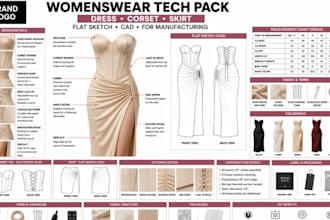 design womenswear tech pack dress corset skirt flat sketch cad for manufacturing
