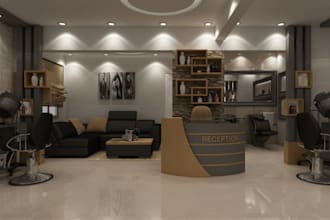 create realistic spa, barber shop 3d rendering with furniture layout