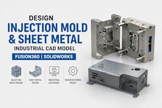 design injection mold and sheet metal, industrial cad fusion360 solidworks model
