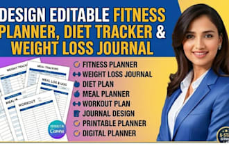 design a canva editable fitness planner, diet tracker and weight loss journal