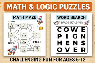 design kids workbook with word search, maze, and maths