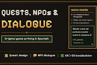 write original quests, npcs and dialogue in spanish for your game