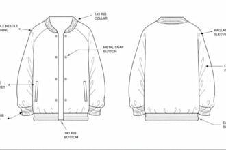 create jacket tech pack cad flat sketch for bomber varsity denim manufacturing