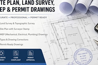 do project, typo and land survey, mep, site plan with surveyor stamp for permit
