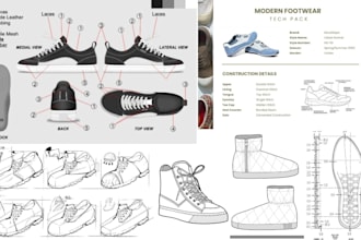 design custom shoe, sneaker, footwear tech pack and 3d for manufacturing