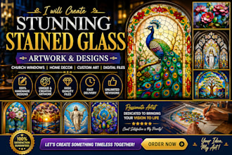 create stained glass art illustrations, mosaic logo, book covers, fantasy arts