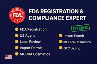 do fda registration, US agent, otc listing, label review