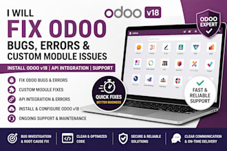 fix odoo bugs, custom module issues API integration errors and install odoo v18