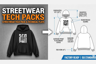 create a professional streetwear tech pack and technical flats