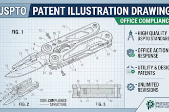draw uspto patent illustration and utility patent drawing for office compliance