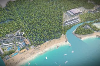 buildup beachfront resort, urban landscape masterplan, private pool villa render