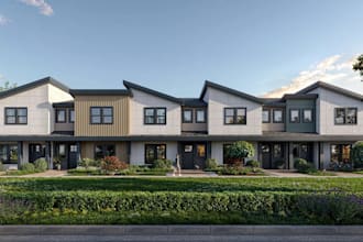 remodel modern farmhouse, quadplex house plan, exterior urban living rendering