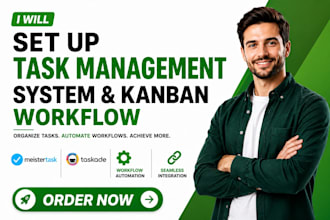 set up task management system, kanban workflow,meistertask,taskade integration