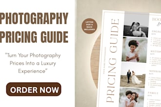 design a luxury photography pricing guide, pricing table sell sheet any service