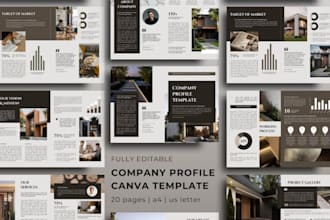 do business brochure, company profile, services pricing guide, workbook in canva