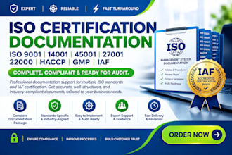iso 9001, 14001, 45001, 27001, 22000, haccp, gmp iaf certification documentation
