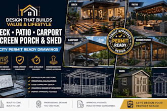 design deck, patio,carport, screen porch and shed for house plan for city permit