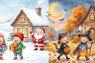 create spooky halloween children book and christmas story book illustration