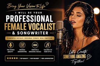 be your professional female vocalist  songwriter unique and  high quality custom
