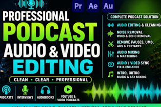 do podcast video audio editing cleaning sync fixing remove noise and mix master