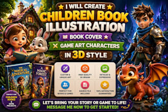 create children book illustration, book cover game art, characters in 3d style