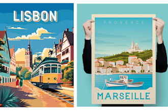 design vintage retro travel poster, postcard flyer art deco pop art movie poster