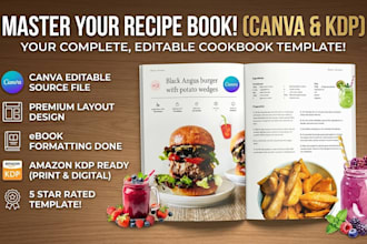 recipe cookbook, canva editable, layout design, ebook formatting, for amazon kdp