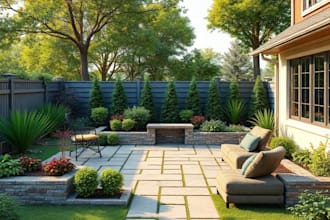 design landscape, backyard, frontyard, garden, patio, and 3d rendering