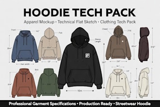 design professional hoodie tech pack, apparel mockup, clothing tech pack