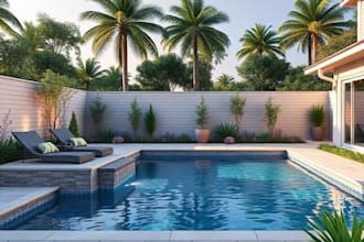 design backyard, pool, patio, outdoor landscape 3d rendering