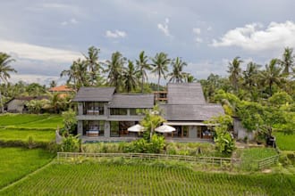 3d balinese architecture design, modern villa aerial view render, cgi landscape