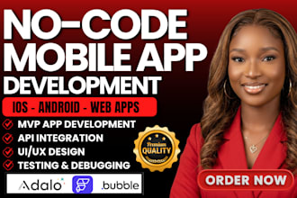 build develop no code mobile app or mvp using adalo glide, bubble or flutterflow