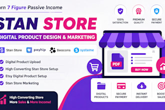 setup stan store digital products, payhip store, and marketing for sales