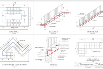 draw,design 2d staircase,handrail,spiral in wood,glass stairs with 3d rendering