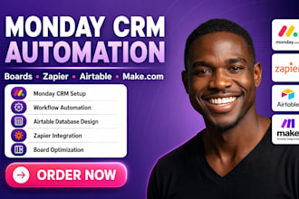 integrate monday crm, monday boards zapier automation airtable database make com