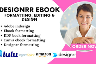 do book formatting,design ebook in designrr, google docs,indesign,canva workbook
