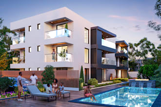 do photorealistic 3d commercial building exterior rendering