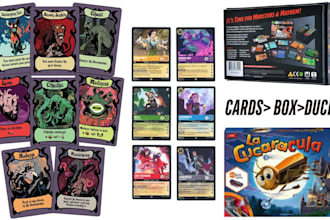 draw game cards, board game, card frame design with full card box and rule book