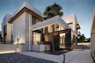 create modern exterior design, garden design, outdoor living space, chalet,pool