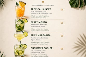 create a professional cocktail menu and drink recipes for your bar or event
