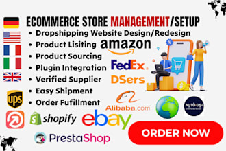 setup dropshipping ecommerce store shopify, ebay, amazon or woocommerce