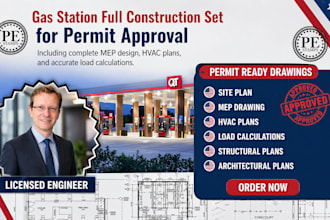 gas station full construction set for permit approval,mep,hvac plan,load calc