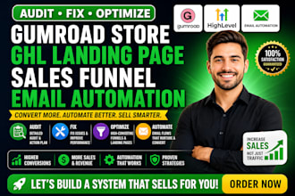 audit fix gumroad store website ghl landing page sales funnel email automation