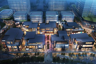 3d commercial district,housing development,urban dusk render, cgi retail complex