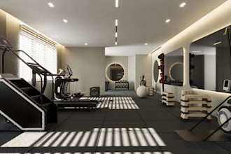 design 3d gym interior, home gym and fitness center renovation with rendering
