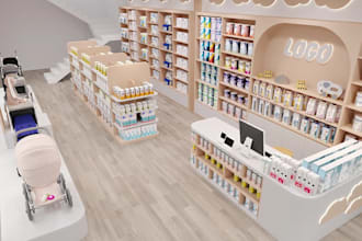 relayout retail store interior, commercial space planning, cgi super mart render